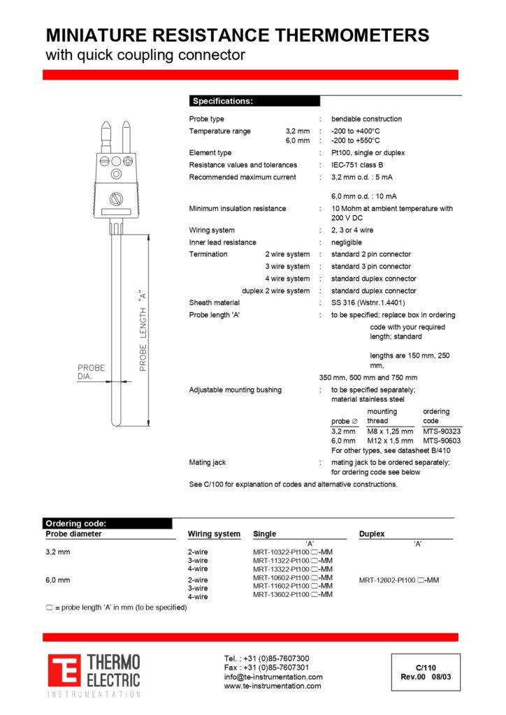 C110 Miniature Resistance Thermometer with Quick Coupling Connector