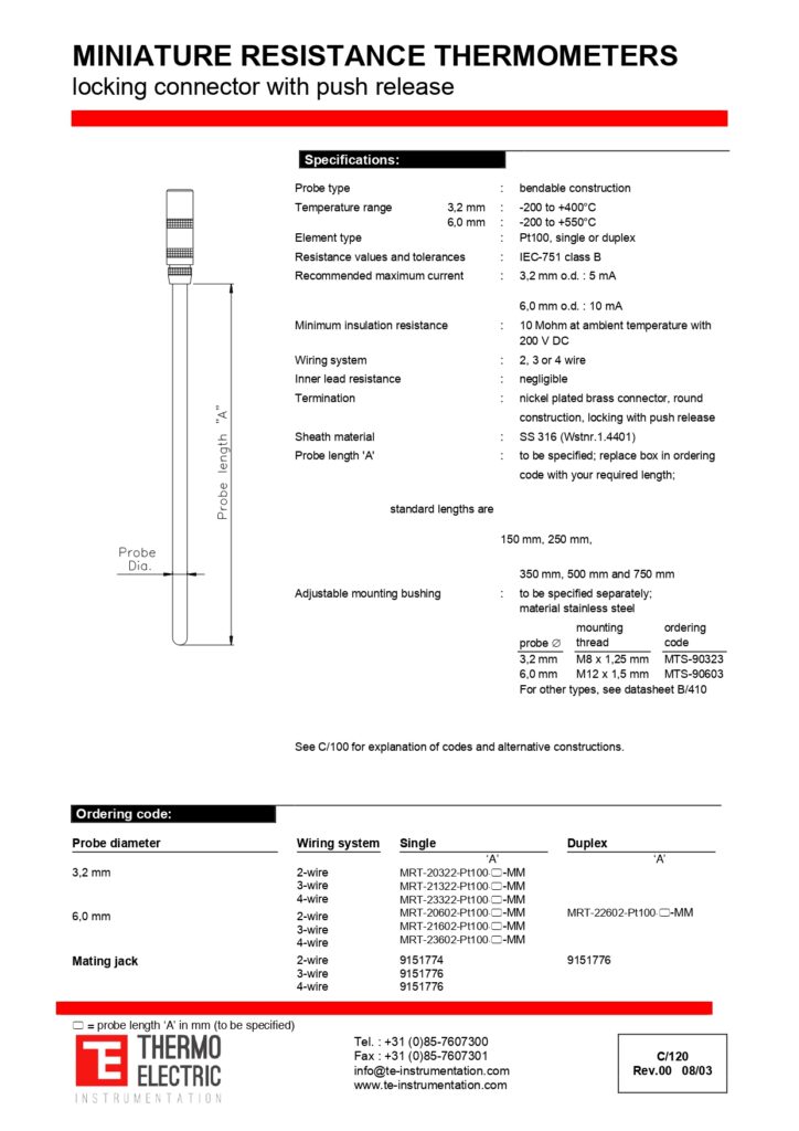 C120 Miniature Resistance Thermometer Locking Connector with Push Release