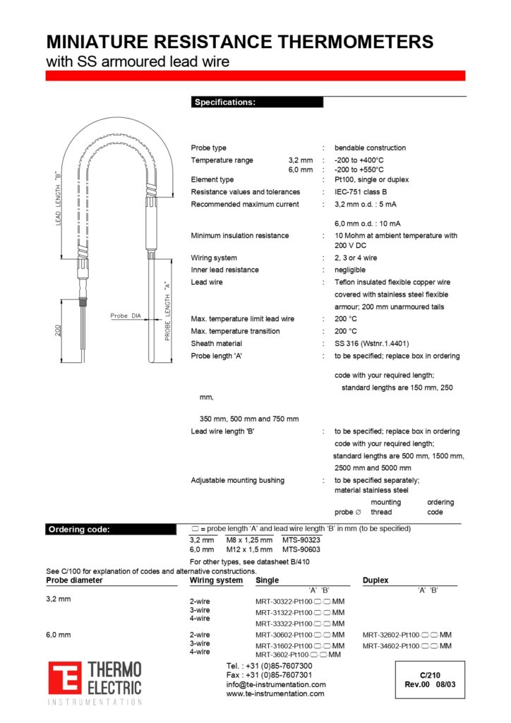 C210 Miniature Resistance Thermometers with SS Armoured Lead Wire