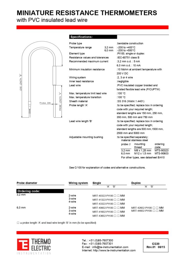 C220 Miniature Resistance Thermometer with PVC Insulated Lead Wire