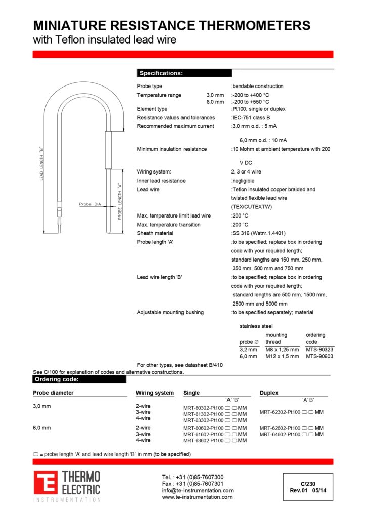 C230 Miniature Resistance Thermometers with Teflon Insulated Lead Wire