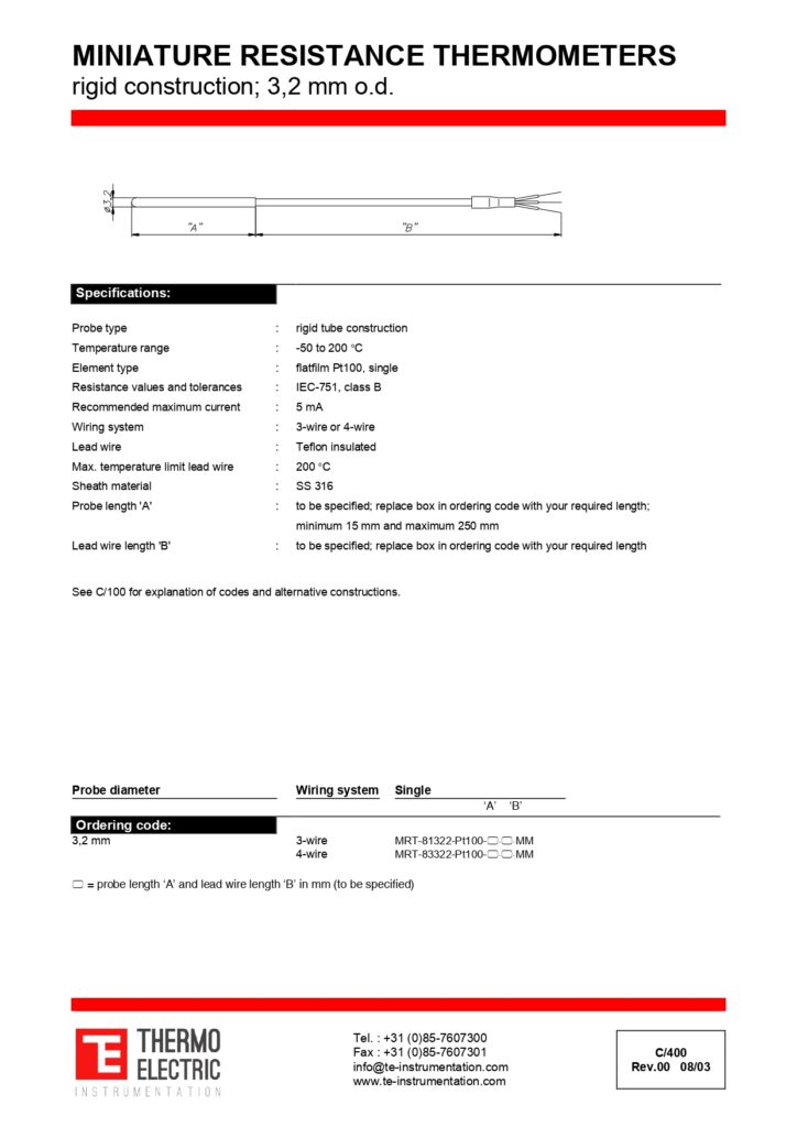 C400 Miniature Resistance Thermometer Rigid Construction