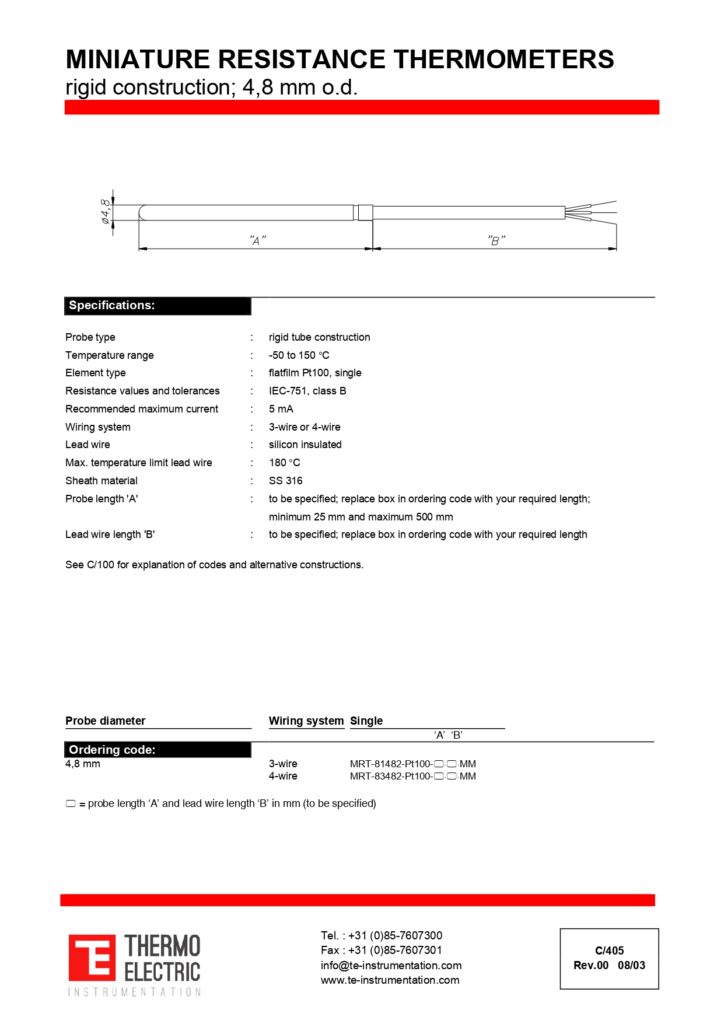 C405 Miniature Restistance Thermometer Rigid Construction