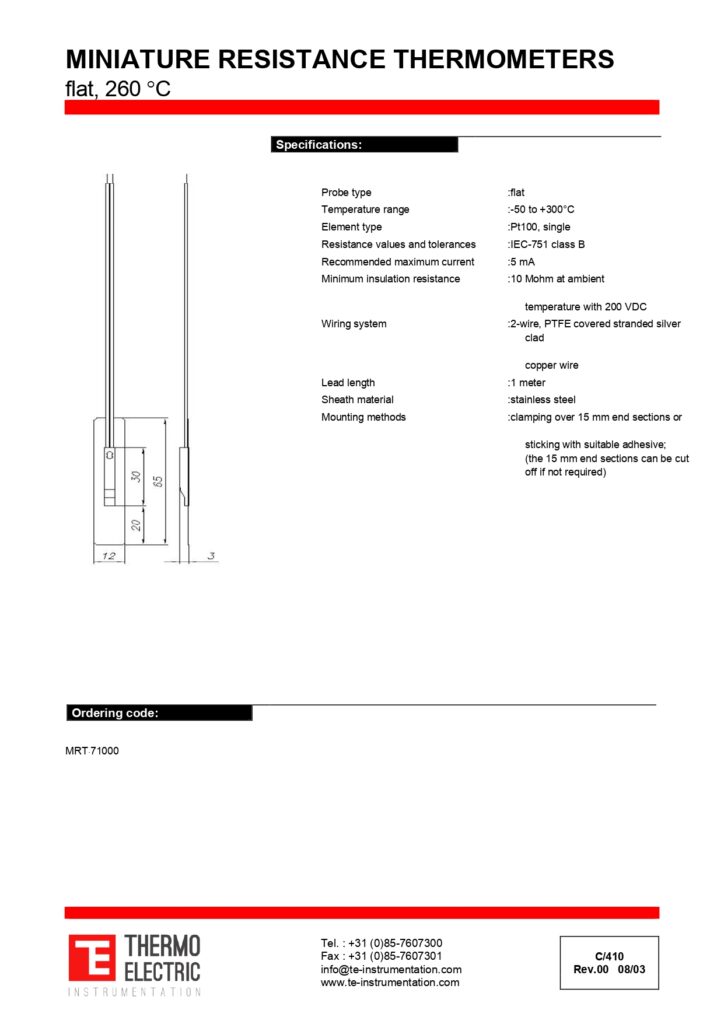 C410 Miniature Resistance Thermometer Flat 260C