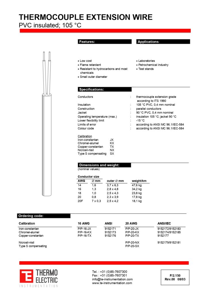 F2.150 Thermocouple Extension Wire PVC Insulated 105C