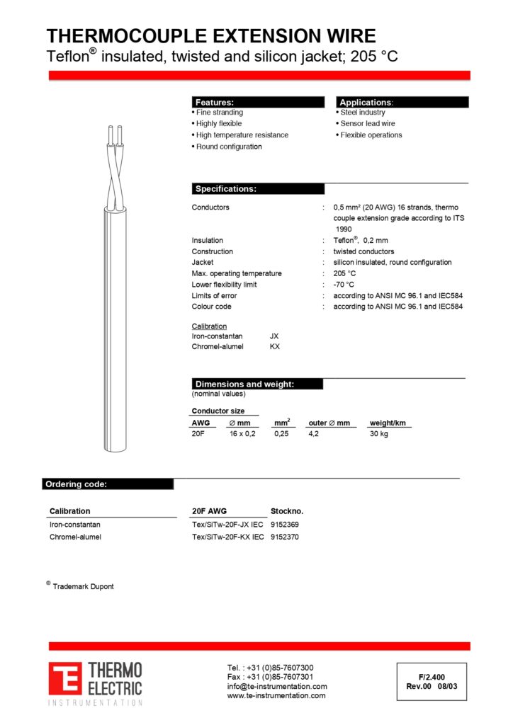 F2.400 Thermocouple Extension Wire Teflon Insulated Twisted and Silicone Jacket 205C