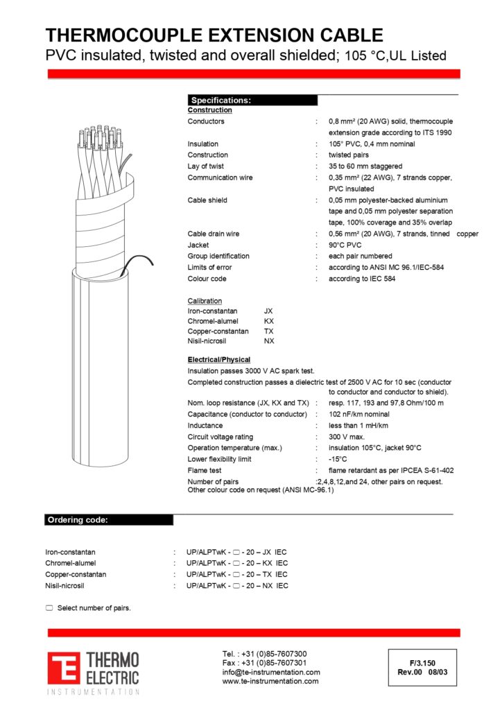 F3.150 Thermocouple Extension Cable PVC Insulated Twisted and Overall Shielded 105C