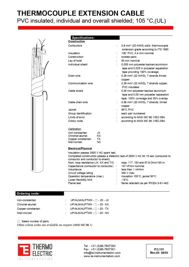 F3.151 Thermocouple Extension Cable PVC Insulated Indiviual and Overall Shielded 105C