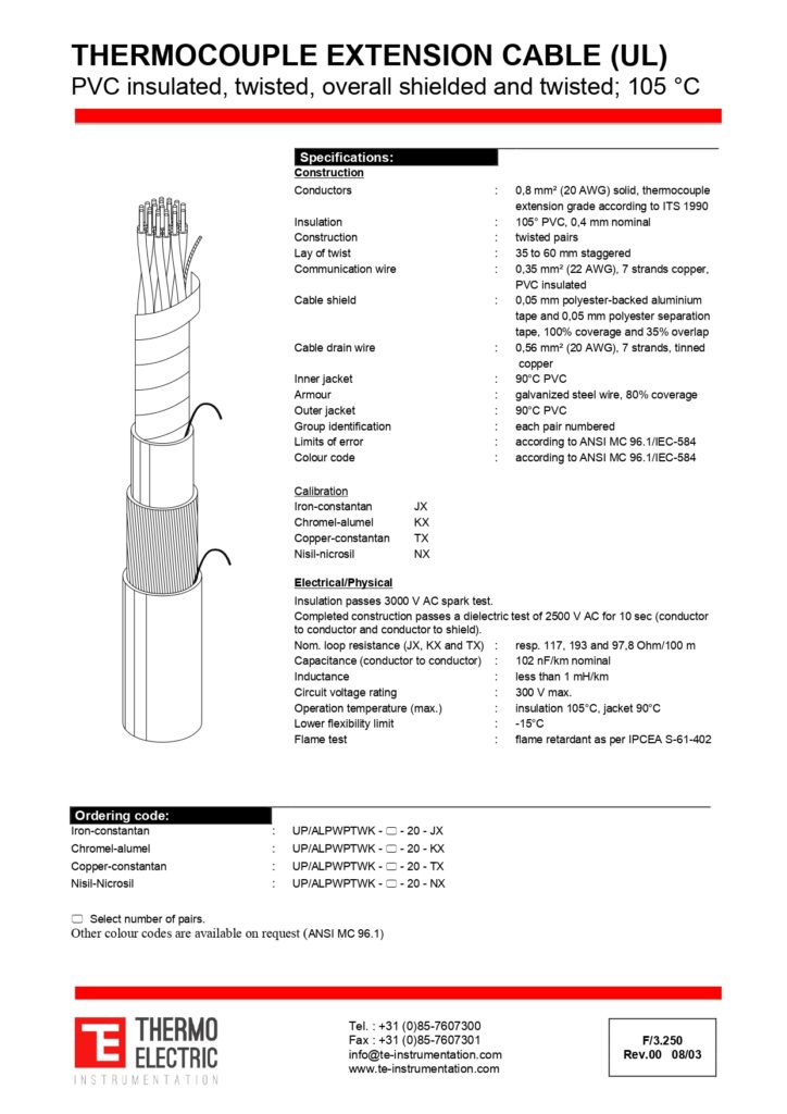 F3.250 Thermocouple Extension Cable PVC Insulated Twisted and Overall Shielded Armoured 105C