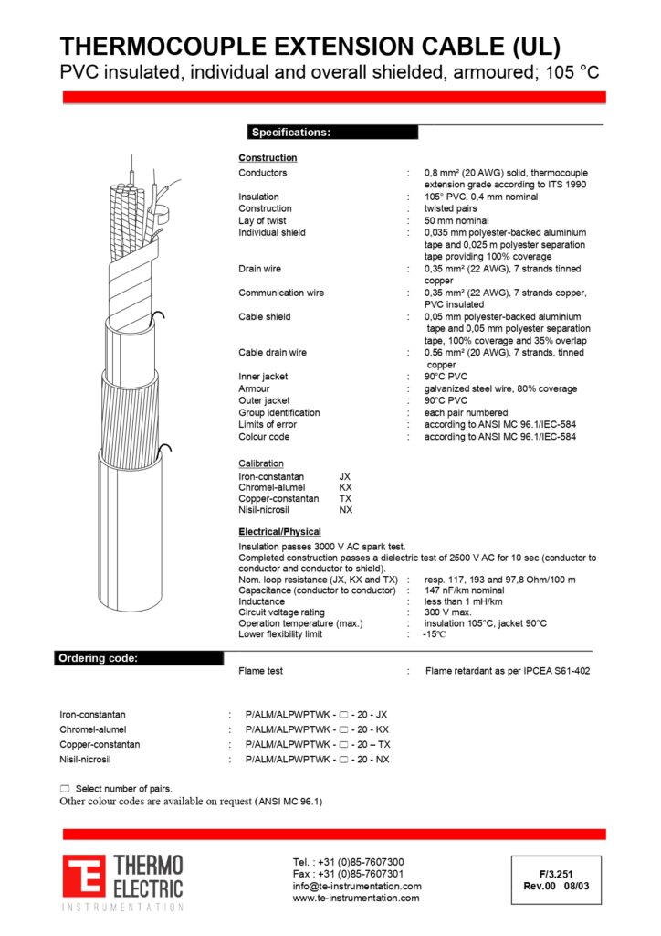 F3.251 Thermocouple Extension Cable PVC Insulated Individual and Overall Shielded Armoured 105C