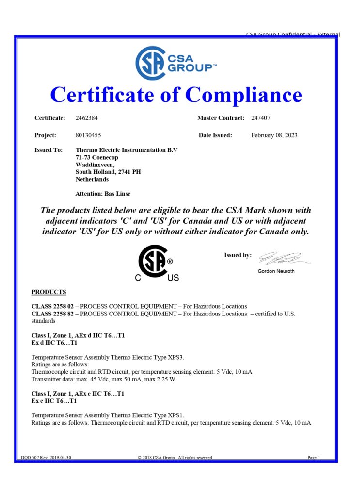 CSA Certificate of Compliance