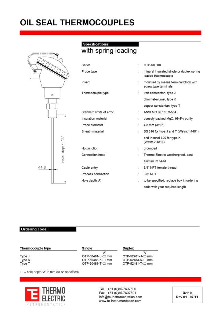 D110 Oil Seal Thermocouples with Spring-Loading