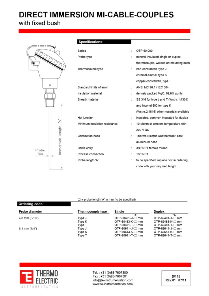 D115 Direct Immersion Mi-Cable Couples with Fixed Bush