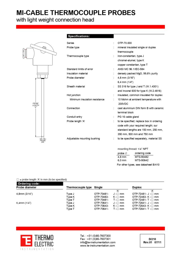D210 MI-Cable Thermocouple Probe with Light-Weight Connection Head