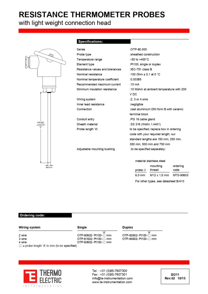 D211 Resistance Thermometer Probes with Light-Weight Connection Head