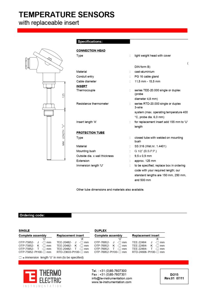 D215 Temperature Sensors with Replaceable Insert