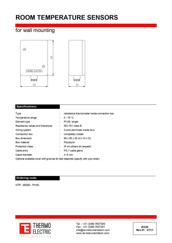 D220 Room Temperature Sensors for Wall Mounting