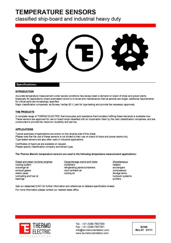 D300 Temperature Sensors Classified Ship Board and Industrial Heavy Duty