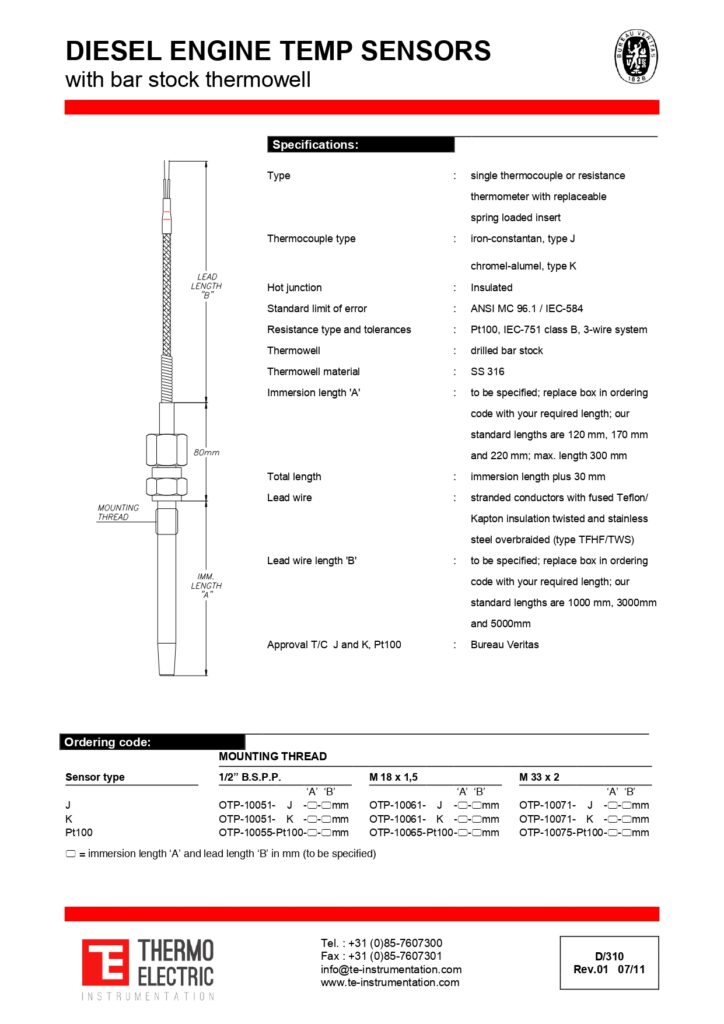 D310 Diesel Engine Temperature Sensors with Bar Stock Thermowell