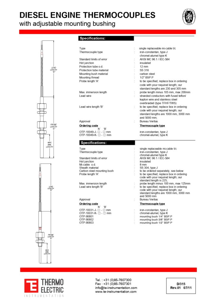 D315 Diesel Engine Thermocouples with Adjustable Mounting Bushing