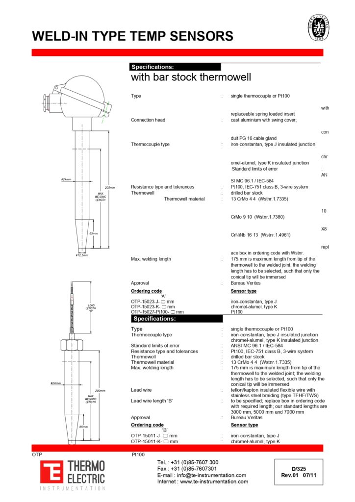 D325 Weld-in Type Temperature Sensors