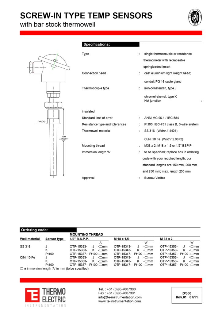 D330 Screw In Type Temperature Sensors with Bar Stock Thermowell