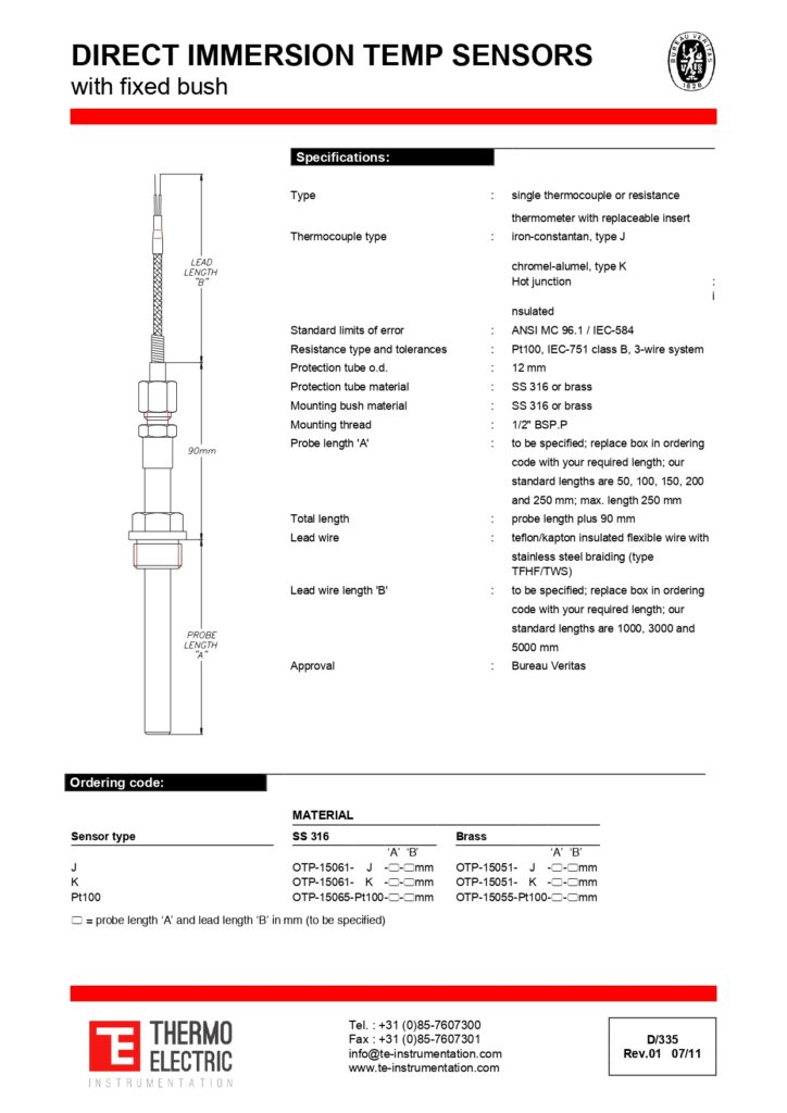 D335 Direct Immersion Temperature Sensors with Fixed-Bush