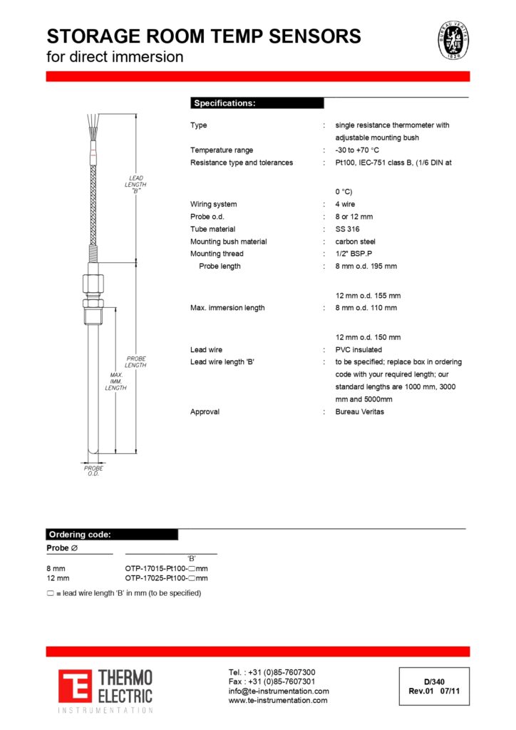 D340 Storage Room Temperature Sensors for Direct Immersion