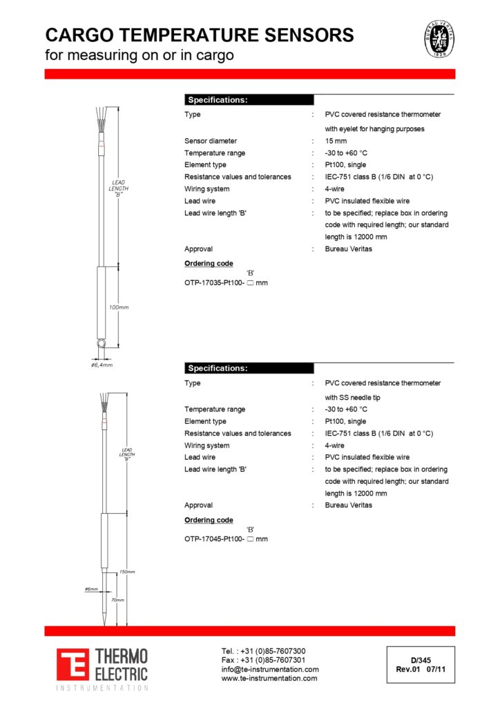 D345 Cargo Temperature Sensors for Measuring On or In Cargo