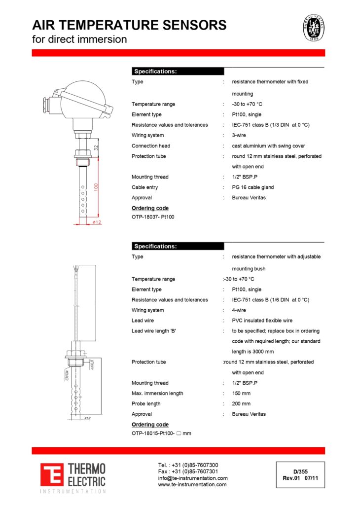 D355 Air Temperature Sensors for Direct Immersion