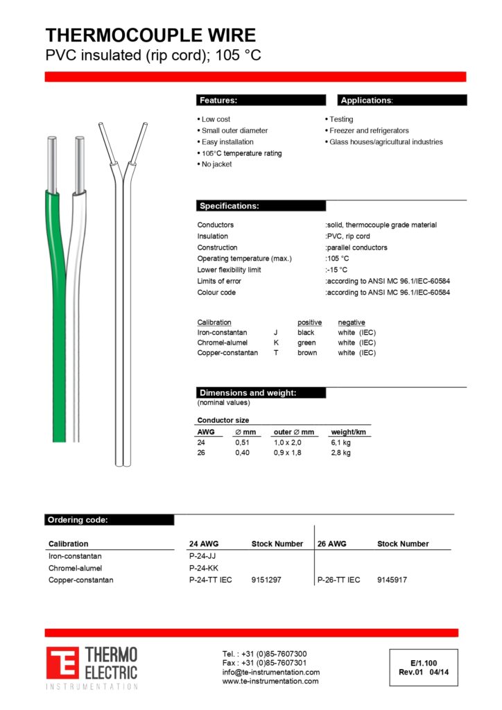 E1.100 Thermocouple Wire Color PVC Insulated Rip Cord 105C