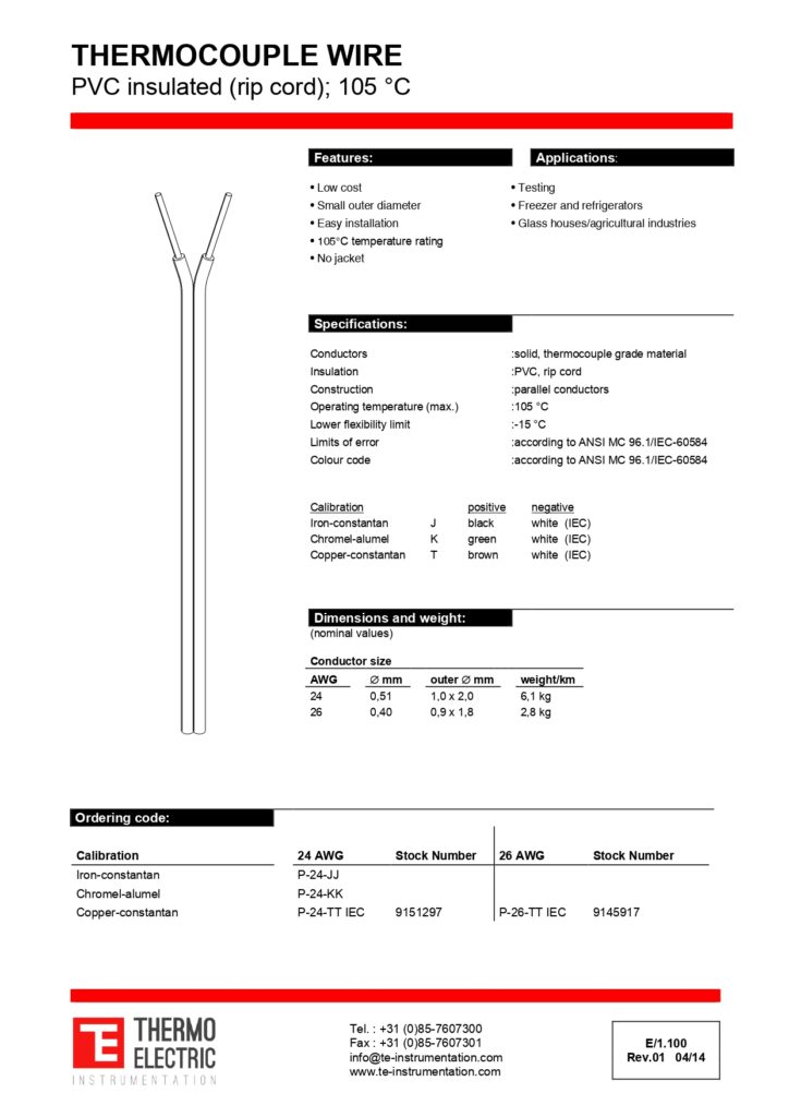 E1.100 Thermocouple Wire PVC Insulated Rip Cord 105C