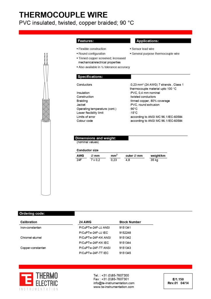 E1.150 Thermocouple Wire PVC Insulated Twisted Copper Braided 90C