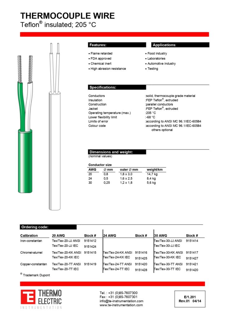 E1.201 Thermocouple Wire Teflon Insulated Color 205C