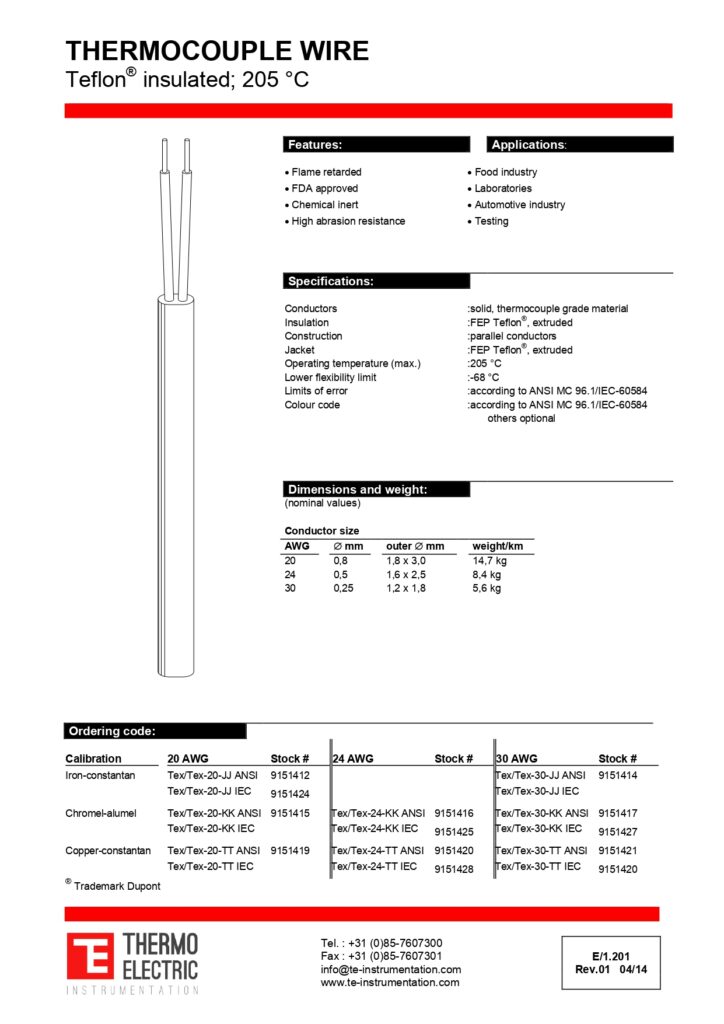 E1.201 Thermocouple Wire Teflon Insulated 205C