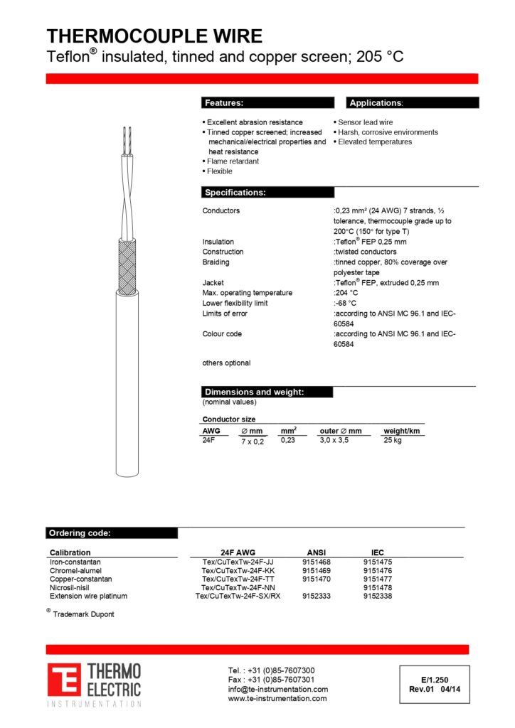 E1.250 Thermocouple Wire Teflon Insulated Tinned Copper Screen 205C