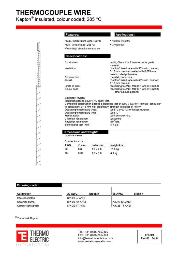 E1.301 Thermocouple Wire Kapton Insulated 285C