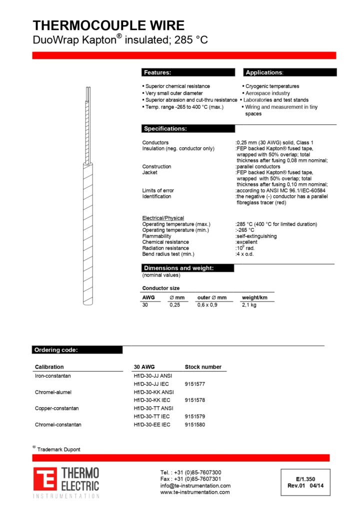 E1.350 Thermocouple Wire DuoWrap Kapton Insulated 285C