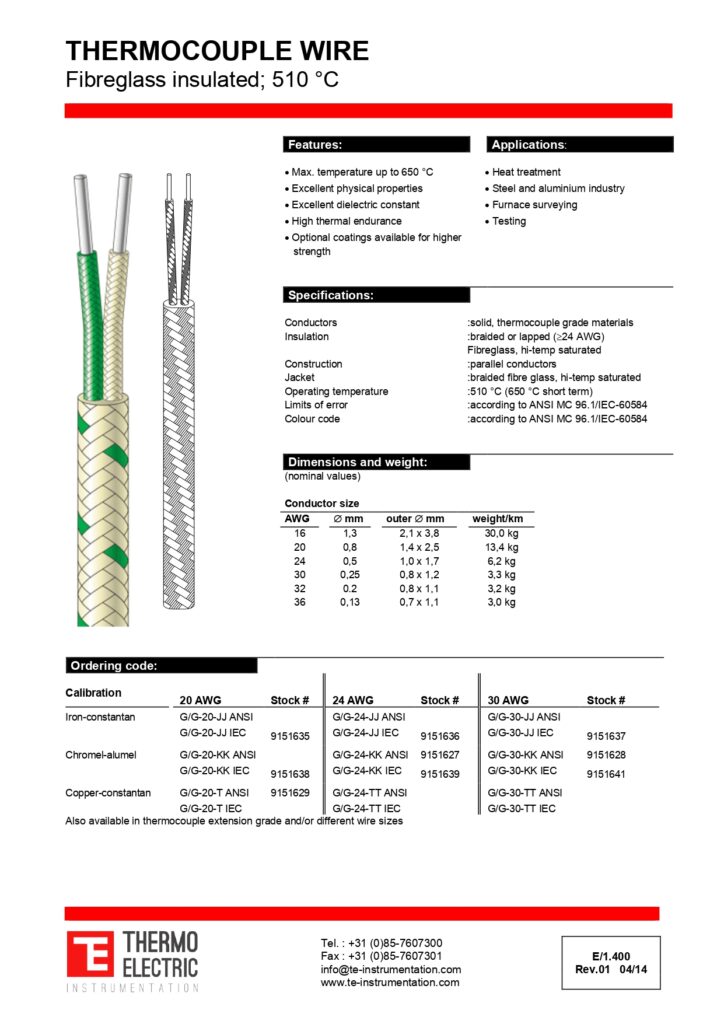 E1.400 Thermocouple Wire Fibreglass Color Insulated Twisted 510C