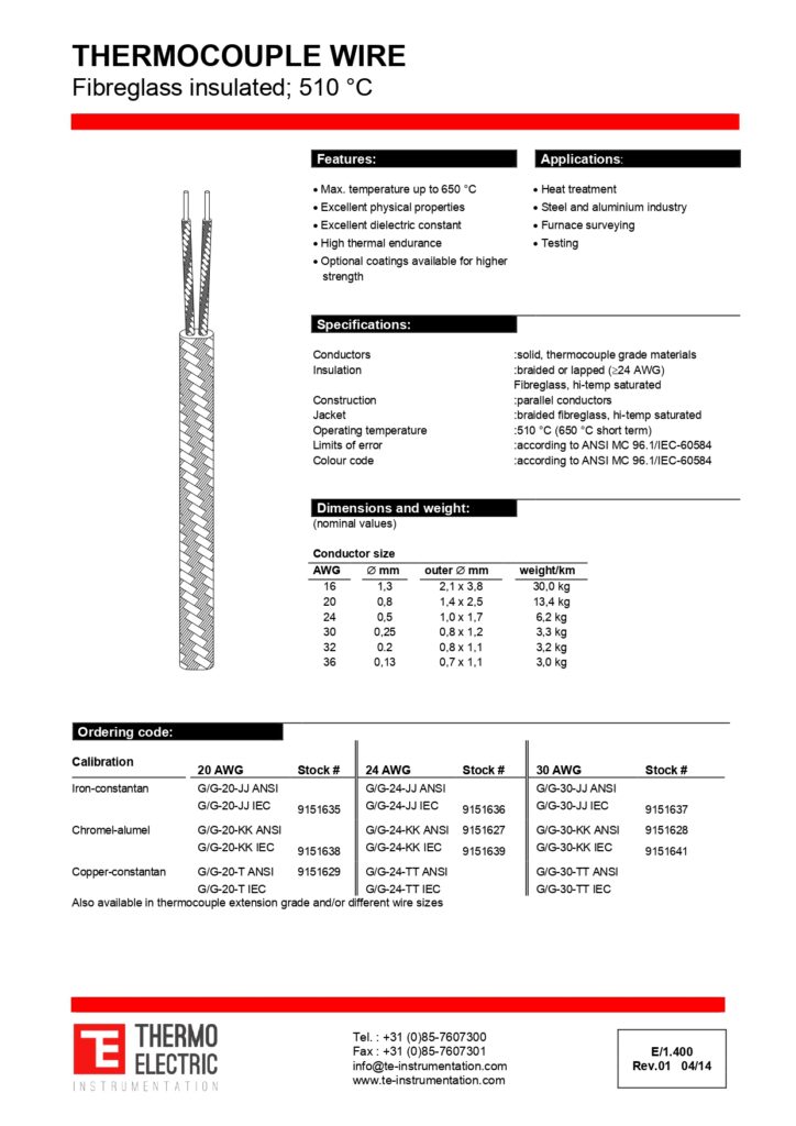 E1.400 Thermocouple Wire Fibreglass Insulated 510C