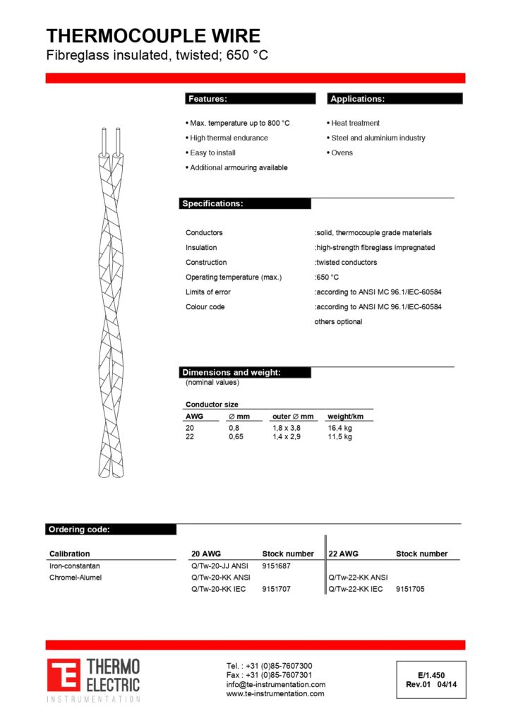 E1.450 Thermocouple Wire Fibreglass Insulated Twisted 650C