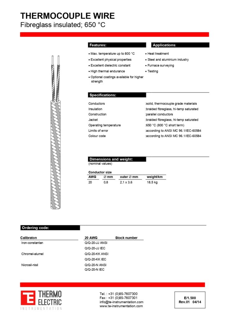 E1.500 Thermocouple Wire Fibre Glass Insulated 650C
