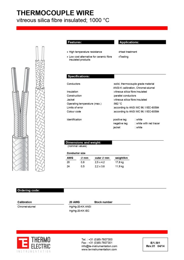 E1.501 Thermocouple Wire Vitreous Silica Fibre Color Insulated 1000C
