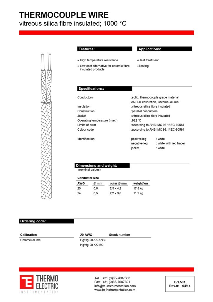 E1.501 Thermocouple Wire Vitreous Silica Fibre Insulated 1000C