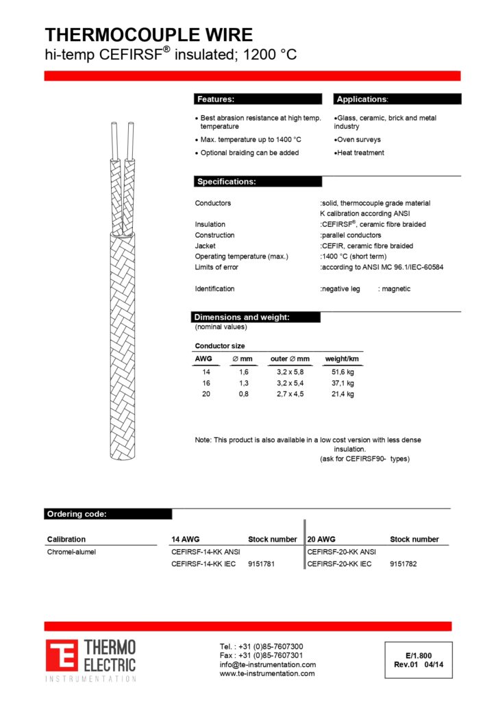 E1.800 Thermocouple Wire Hi-Temp CEFIRSF Insulated 1200C