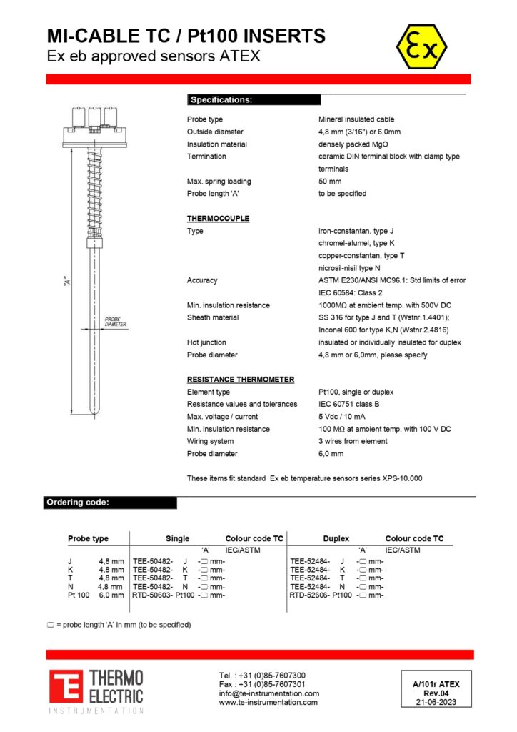 A101r MI-Cable TC / Pt100 Inserts Ex eb Approved Sensors ATEX Ex eb