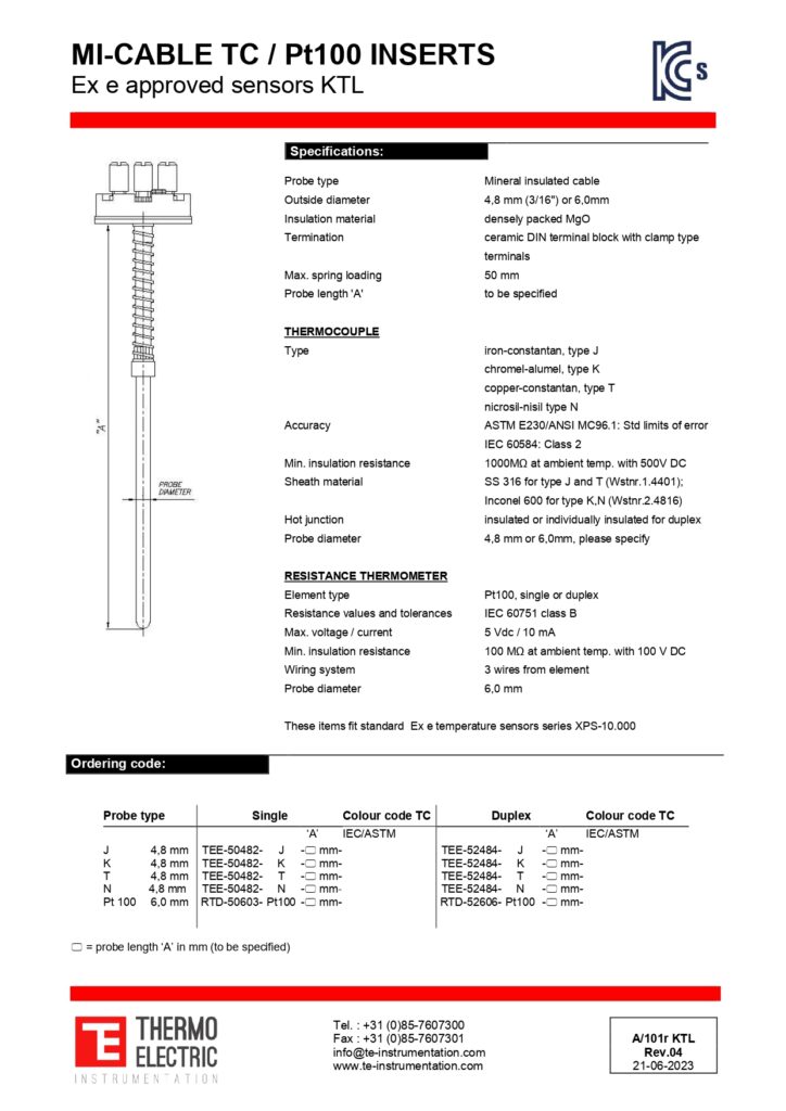 A101r MI-Cable TC / Pt100 Inserts Ex e Approved Sensors KTL