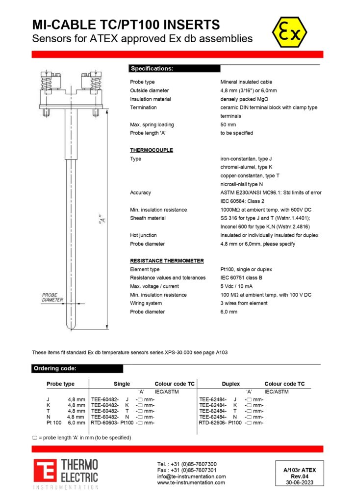 A103r MI-Cable TC / Pt100 Inserts Sensors for ATEX Approved Ex db Assemblies