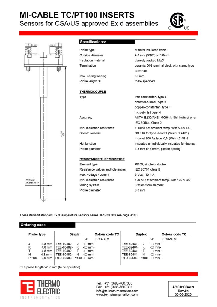 A103r MI-Cable TC / Pt100 Inserts Sensors for CSA/US Approved Ex d Assemblies