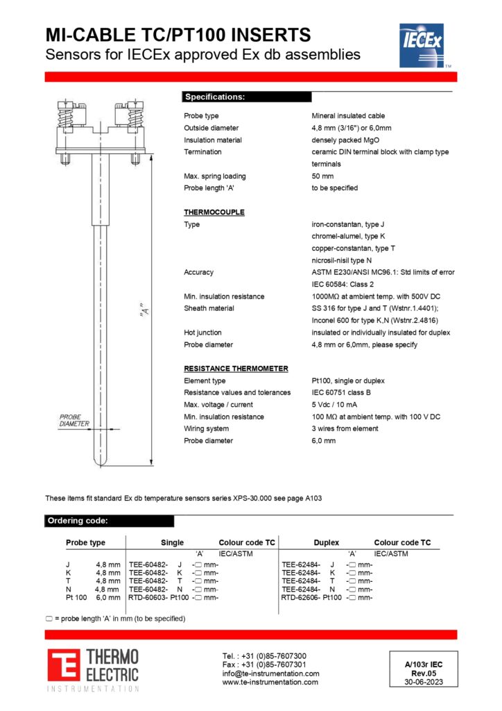 A103r MI-Cable TC / Pt100 Inserts Sensors for IECEx Approved Ex db Assemblies